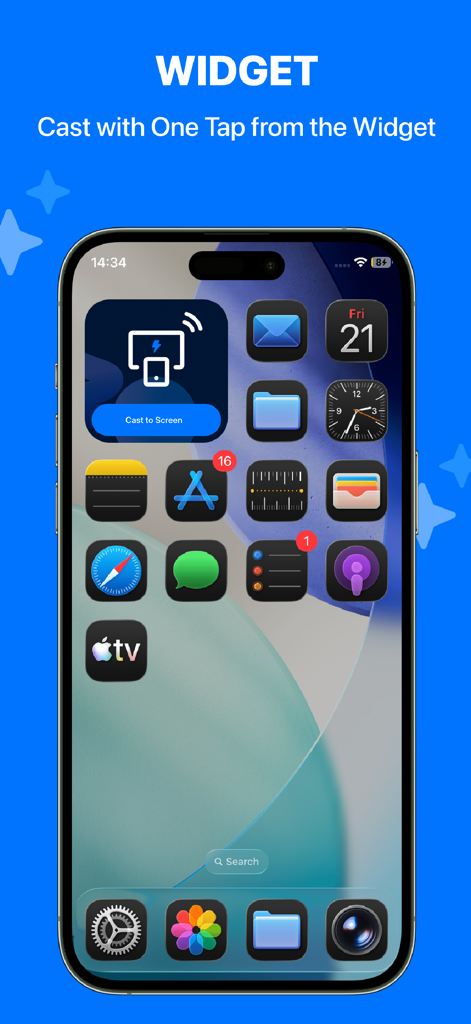 MultiCast - Cast to TV - iPhone home screen featuring the MultiCast widget for quick one tap casting to a TV screen