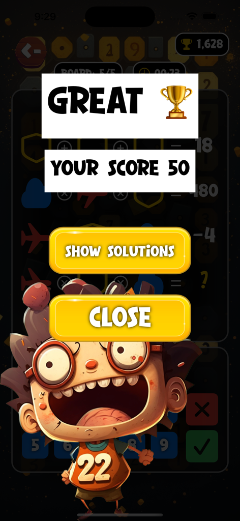 Brain Quiz Master - Brain Quiz Master game screen showing a score of 50 and a cartoon character.