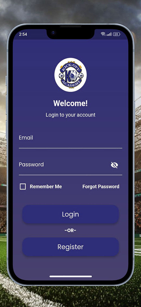 Kick-Off - Anmeldebildschirm für die Kick Off Academy App mit Eingabefeldern für E-Mail und Passwort