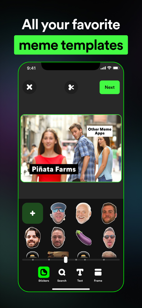 Piñata Farms Meme Generator - Interfaz de la aplicación Piñata Farms mostrando plantillas de memes y stickers de rostros