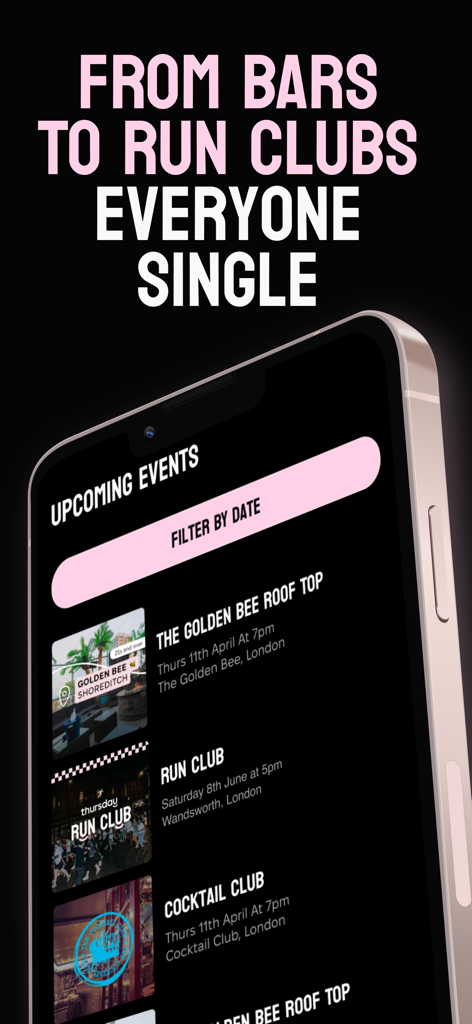 Donnerstags-Events-App-Oberfläche, die eine Liste kommender gesellschaftlicher Single-Events wie Laufclubs und Dachterrassen-Bars anzeigt