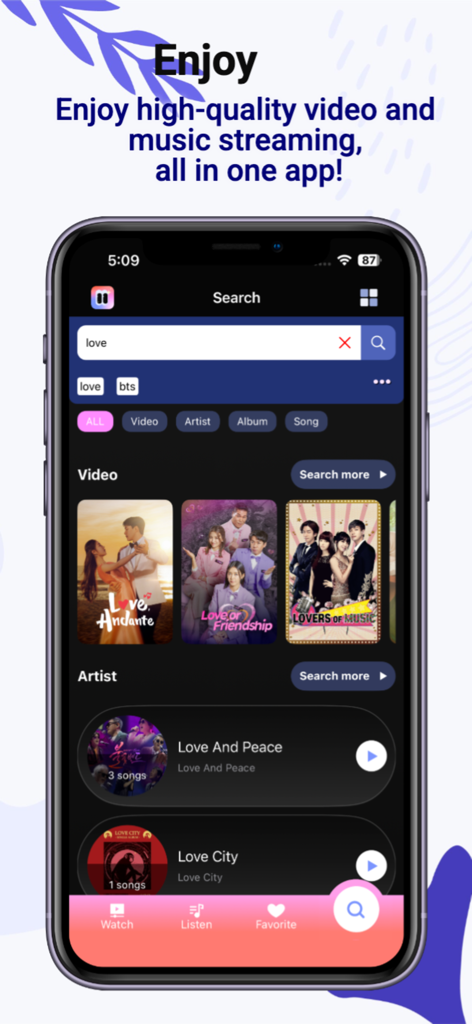 Schermata di ricerca dell'app iPOP che mostra video K-drama e artisti musicali K-pop.
