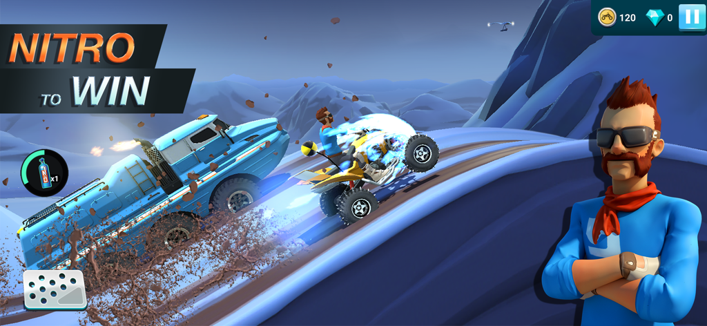 MMX Hill Dash 2 offroad racing game featuring a monster truck and quad bike on a snowy hill.