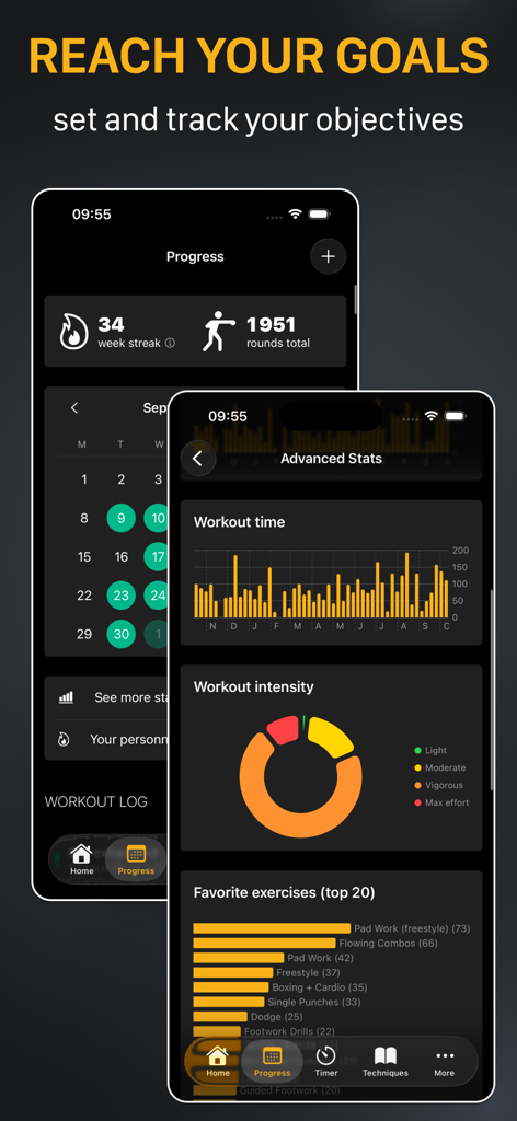 Screenshots of the Shadow Boxing Workout App showing a training calendar, workout time charts, intensity levels, and favorite exercise rankings.