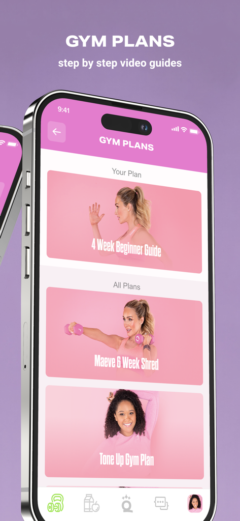 QDQ - Queens Dont Quitアプリのインターフェース。様々なジムワークアウトプランを表示