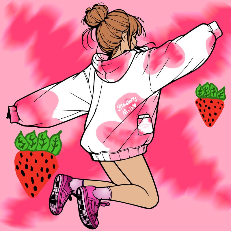 realistic girl jumping with a bun and oversized sweatshirt