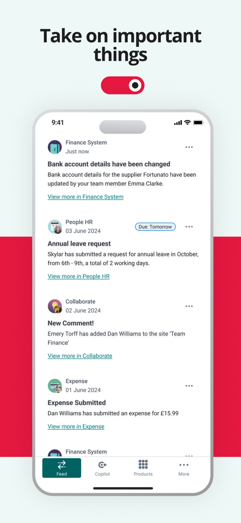 Access Evo - A personalized activity feed in the Access Evo app displaying real time notifications for HR requests, finance updates, and team collaborations