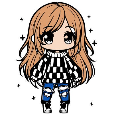 chibi girl with ripped jeans,long hair, and an oversized sweater