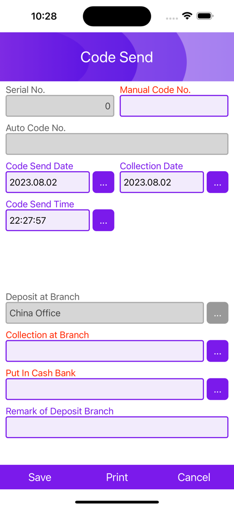 SpiderNet Online ERP System - L'application SpiderNet ERP affichant le formulaire d'envoi de code avec des champs pour les dates, les succursales et les coordonnées bancaires