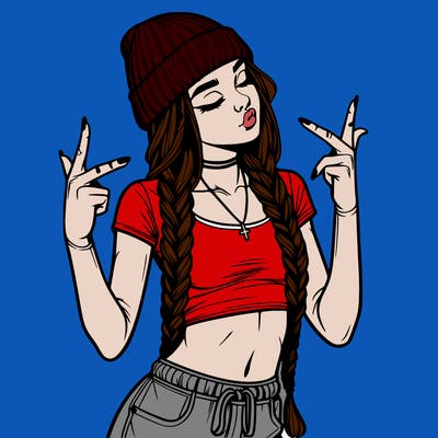 realistic teenage girl with braids and a beanie and crop top doing 🫶🏼