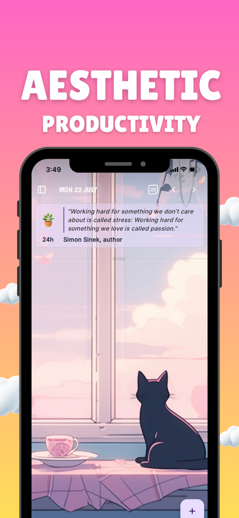 ChronoCat app interface featuring a scenic cat background and a motivational quote for aesthetic productivity