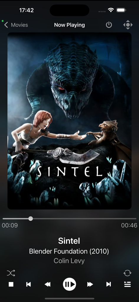 Official Kodi Remote app showing the Now Playing screen for the movie Sintel with playback controls and movie poster