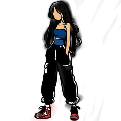 girl in baggy pants crop top and long hair