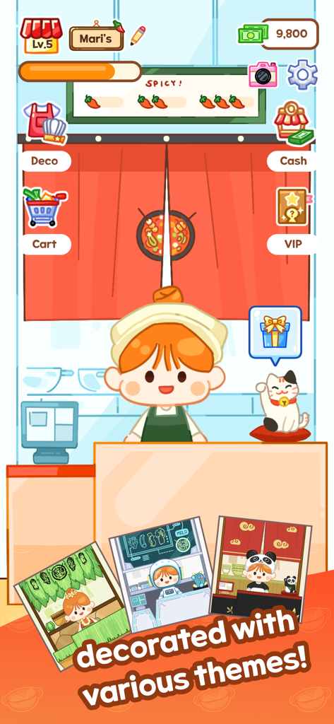 A cute character standing behind a malatang shop counter with various themed photocard decorations displayed at the bottom
