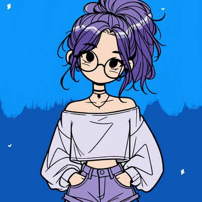 girl with a messy ponytail glasses a baggy crop top and jean shorts