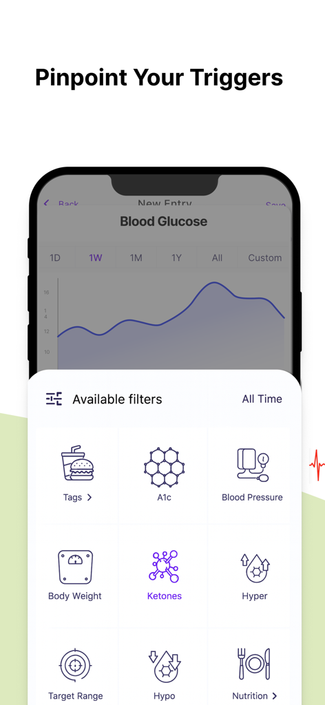 Interfaz de la aplicación que muestra el gráfico de datos de glucosa en sangre y filtros de seguimiento de la salud.