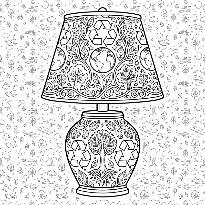 Illuminate your commitment to the planet with this captivating Earth Day table lamp coloring page. It features intricate designs of recycling symbols, globes, and lush nature patterns, offering a unique blend of artistry and environmental advocacy.