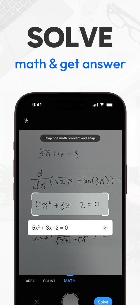 iPhone screen showing Tiny Scanner app scanning and solving a handwritten math equation