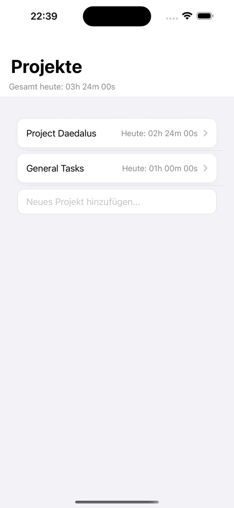 Oberfläche der Project Tracker App, die eine Liste von Projekten und die täglich erfasste Zeit anzeigt.