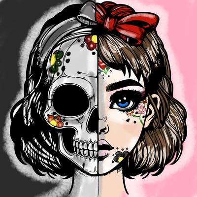 realistic girl with half skull mask