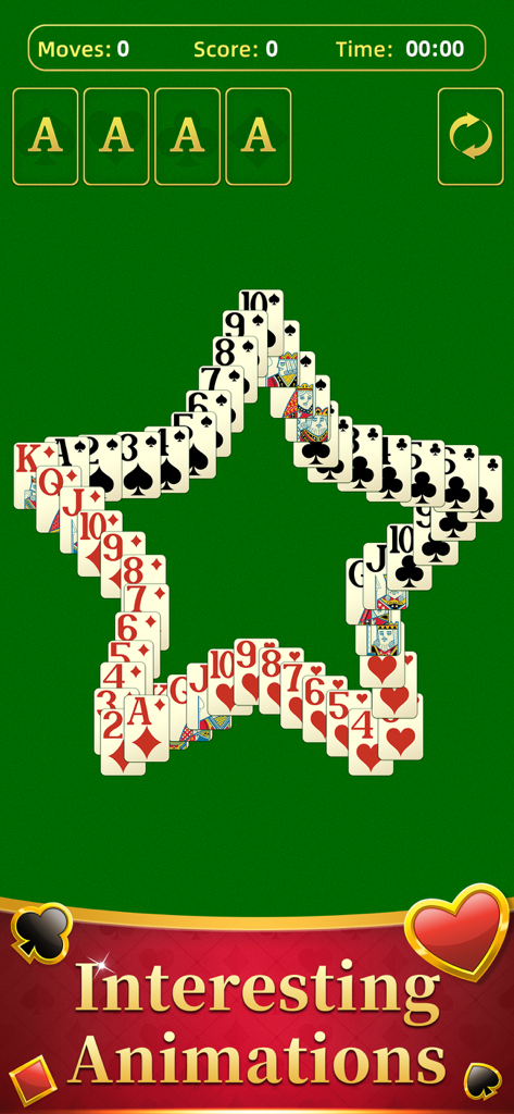 Cartas de Paciência dispostas em forma de estrela com o texto Animações Interessantes