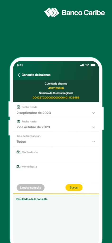 Banco Caribe - Interfaz de la aplicación móvil de Banco Caribe que muestra filtros de historial de transacciones y consulta de saldo para una cuenta de ahorros.