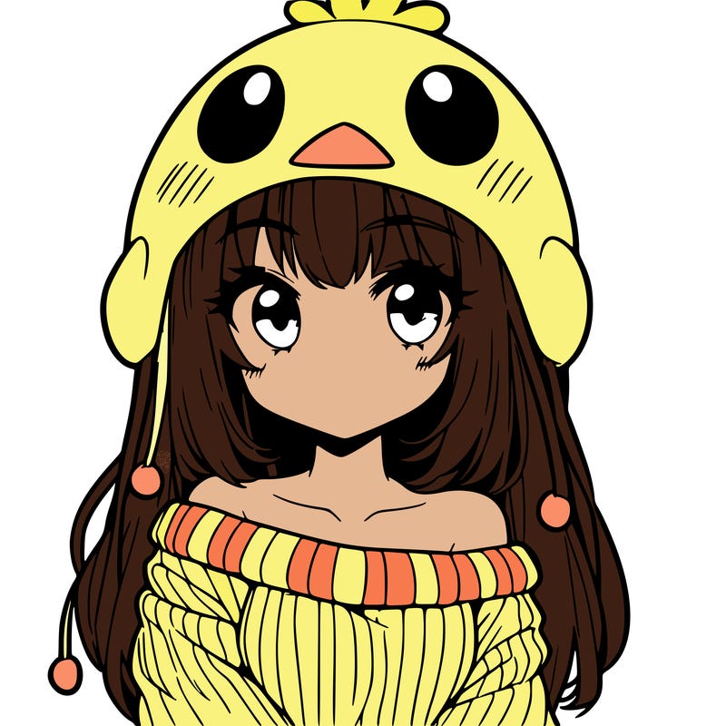 anime girl with chick shaped hat with sweater with bare shoulders with bangs covering them one eye with low tail
