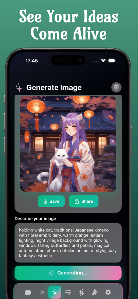 Interfaz de la aplicación IA Perchance mostrando una chica anime generada con un gato blanco a partir de un prompt de texto.