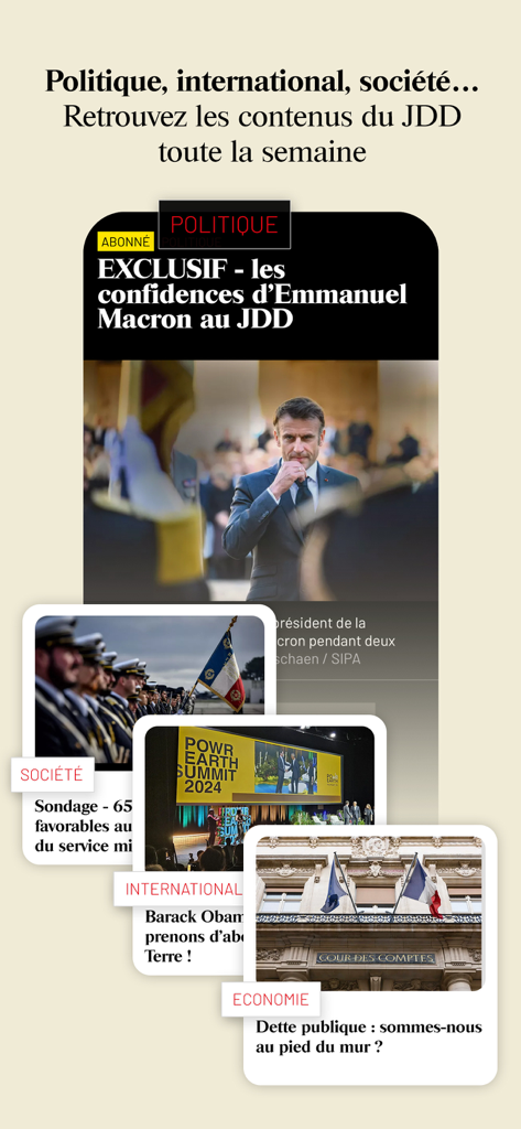 Screenshot of the Le JDD app displaying various news categories like politics international society and economy