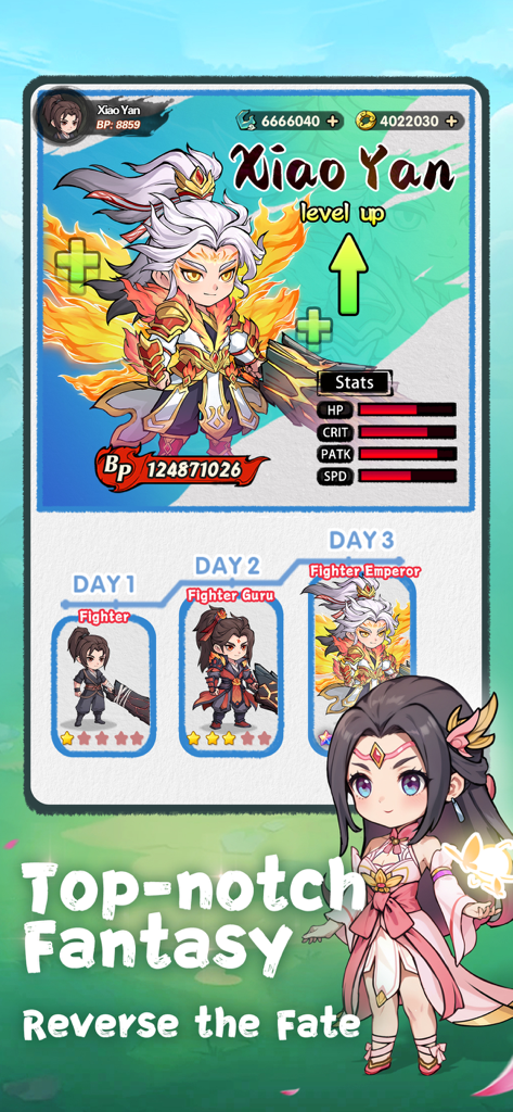 Battle Through the Heavens 2D - Character progression screen for Xiao Yan showing his growth from Fighter to Fighter Emperor in Battle Through the Heavens 2D