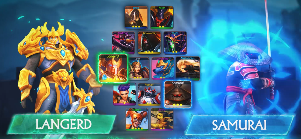 A character selection screen from Juggernaut Wars showing Langerd and Samurai heroes.