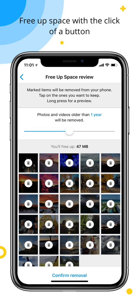 Capture App - Photo Storage - Capture App interface showing a tool to free up phone storage by removing old photos and videos