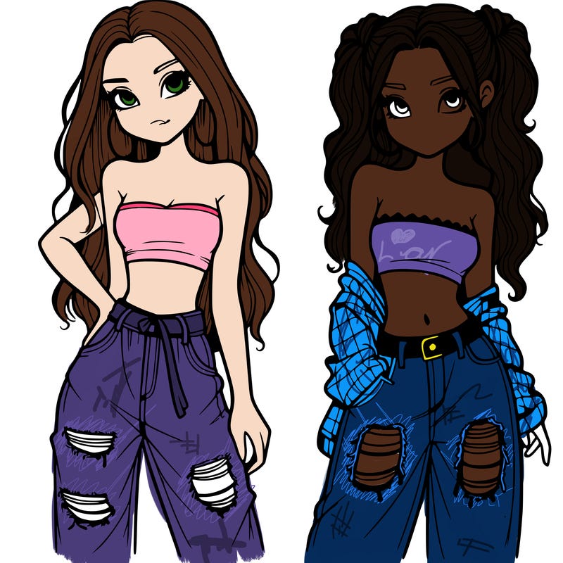 2 girls in crop tops and baggy jeans ripped