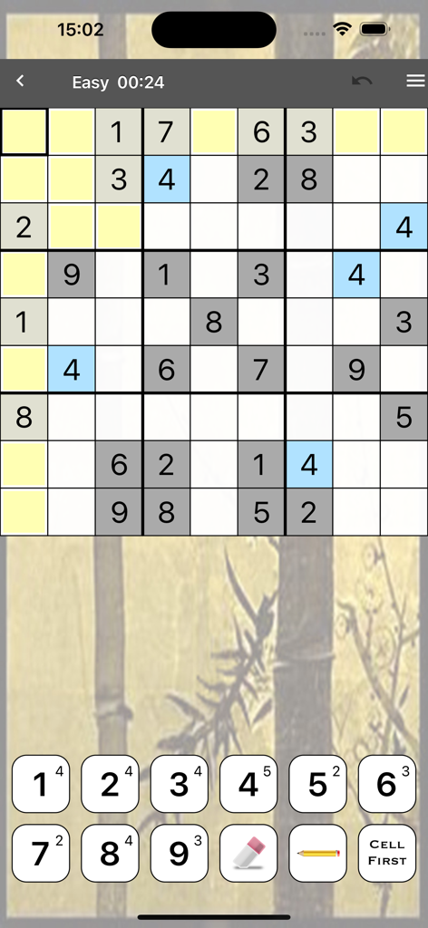 Sudoku Premium - Gameplay screenshot of Sudoku Premium showing a puzzle grid at easy difficulty with bamboo background and number keypad.
