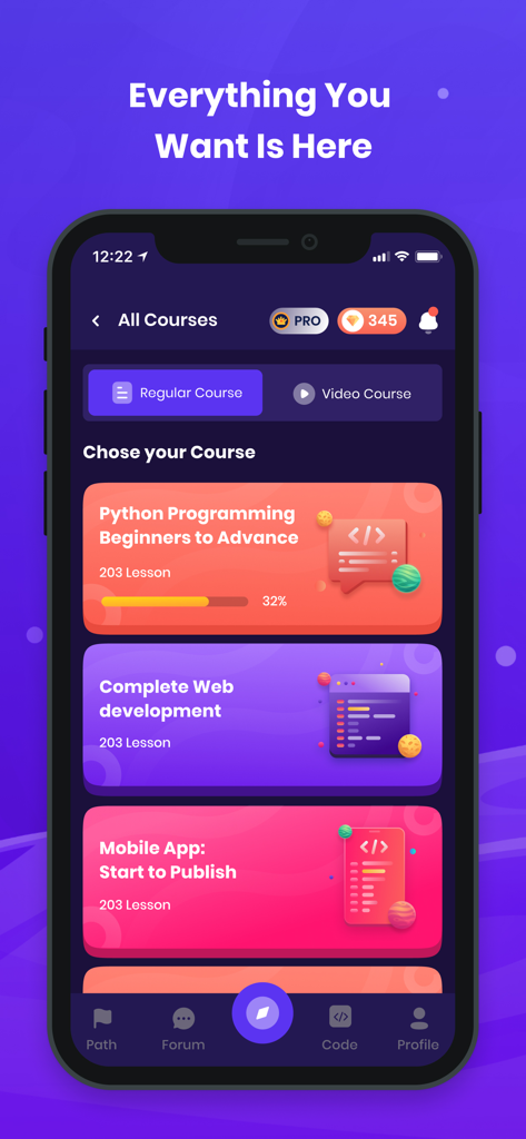 Programming Hero: Coding Fun - Course selection screen in the Programming Hero app featuring Python web development and mobile app development modules