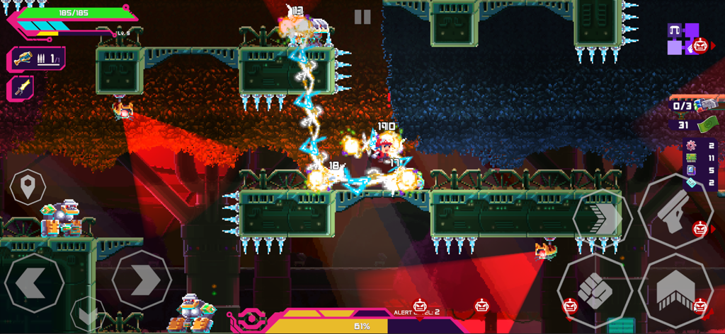 Lia: Hacking Destiny - Lia fighting robots in a pixel art action roguelite level