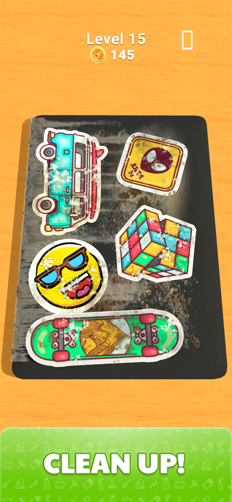 Jugabilidad de Deep Clean Inc 3D mostrando pegatinas sucias listas para limpiar