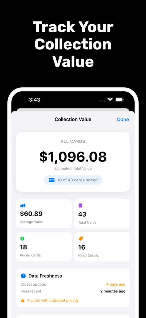 Binder AI: Card Grading Tool - Binder AI app dashboard displaying a total card collection value of over one thousand dollars with detailed statistics