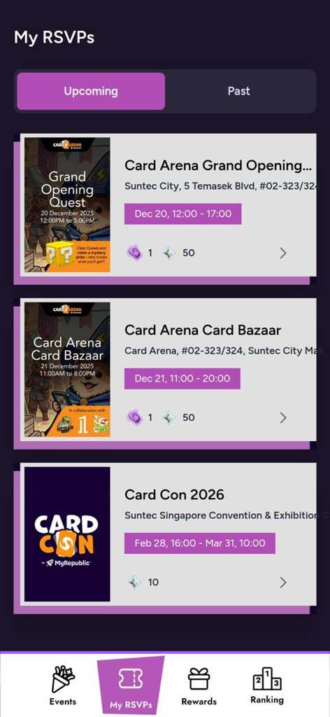 Space Station app screen displaying a list of upcoming gaming and geek event RSVPs with reward details