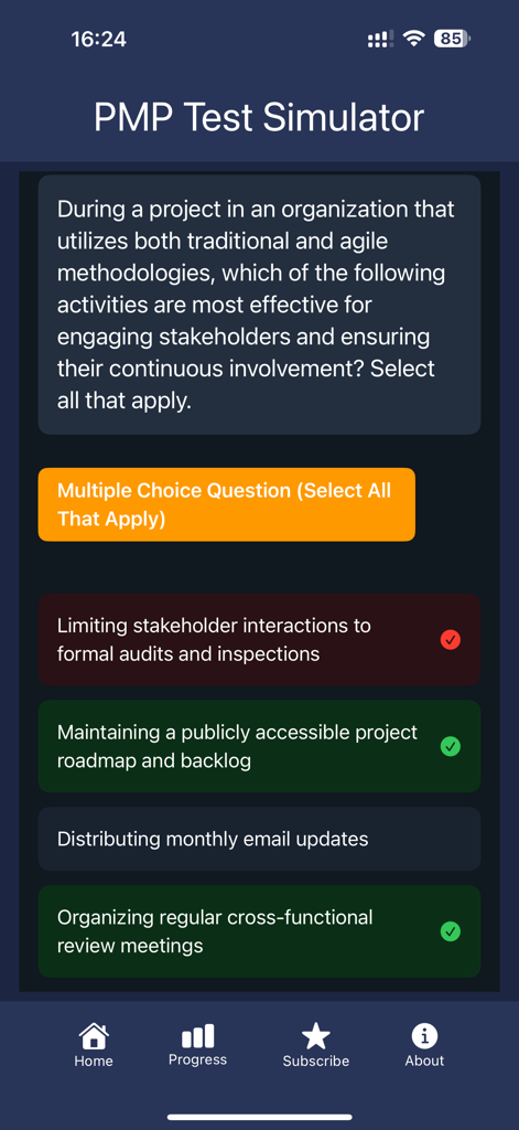 PMP Test Simulator - Una pantalla de pregunta de práctica en la aplicación Simulador de Examen PMP que muestra respuestas de opción múltiple para la participación de las partes interesadas en un entorno de proyecto híbrido.