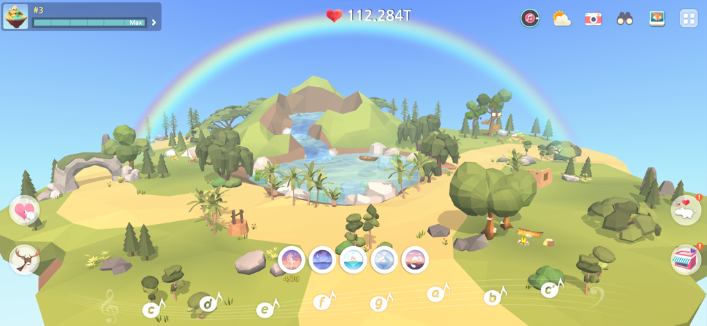 A serene low poly floating island with a waterfall and a rainbow in the My Oasis game