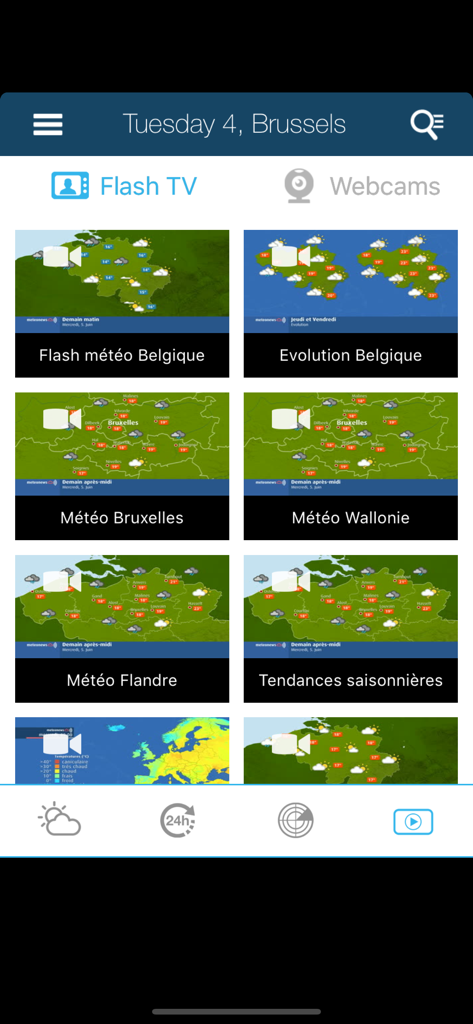Interface de l'application Météo pour la Belgique affichant la section Flash TV avec des prévisions vidéo pour Bruxelles, la Wallonie et la Flandre.