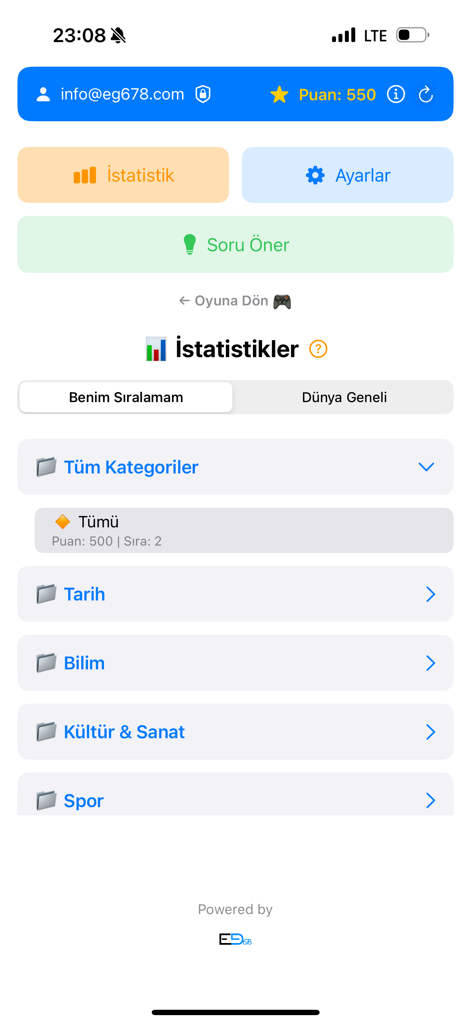 Milyoner App - Milyoner App statistics dashboard showing player rankings and quiz categories