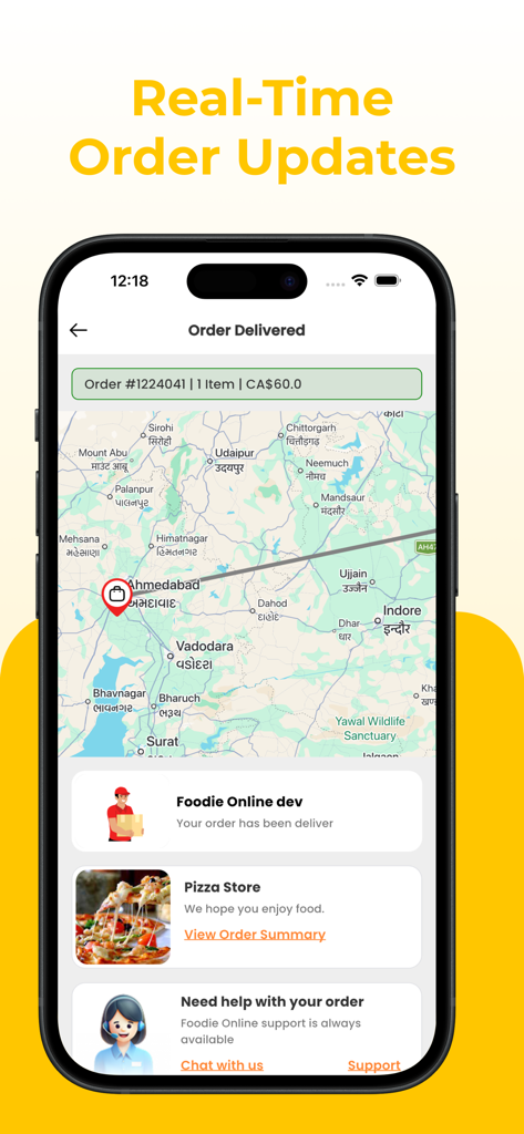 Pantalla de la aplicación móvil que muestra el seguimiento de pedidos en tiempo real con un mapa de entrega y el estado de confirmación para Foodie Online Delivery.