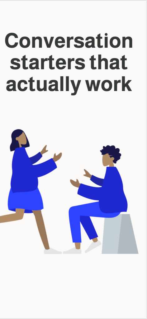 Deckio - Conversation Cards - Two people in conversation with the text Conversation starters that actually work