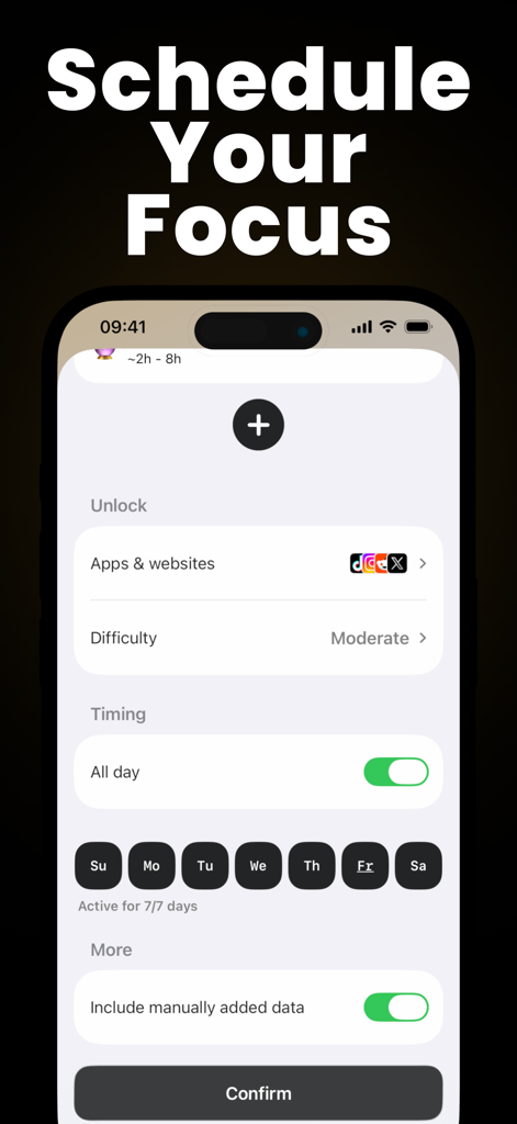 Fitlock: Earn Your Screen Time - Interface for setting up a focus schedule to block apps and websites in Fitlock