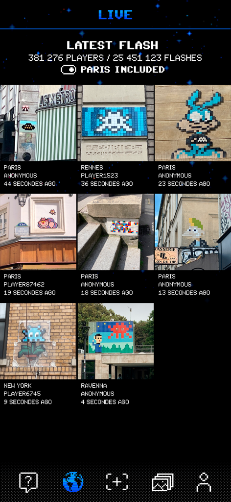 A live feed of the FlashInvaders app displaying recent street art mosaic flashes from around the world.