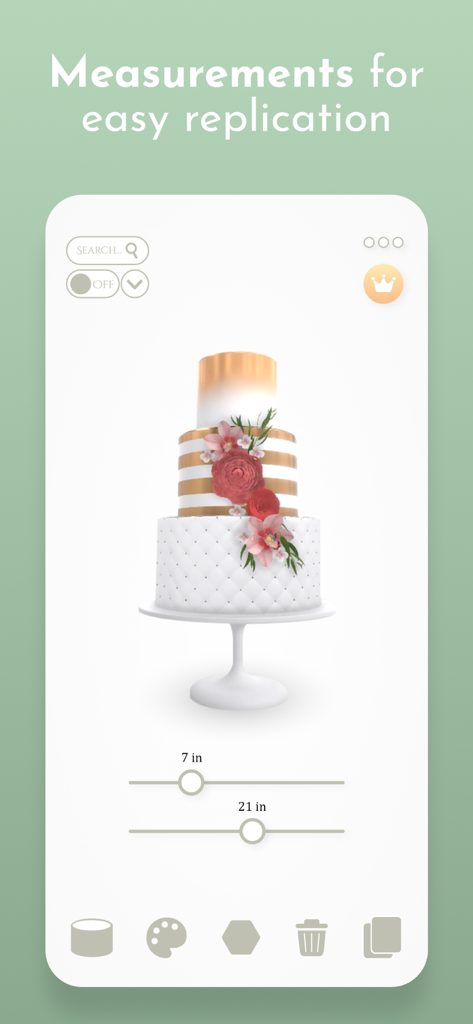 A 3D wedding cake design interface in the Bakely app showing tier size measurements for precise planning and replication.