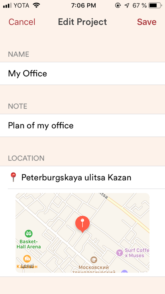 Interfaccia dell'app PlanKit che mostra la schermata di modifica del progetto con campi per nome del progetto, note e posizione della mappa.