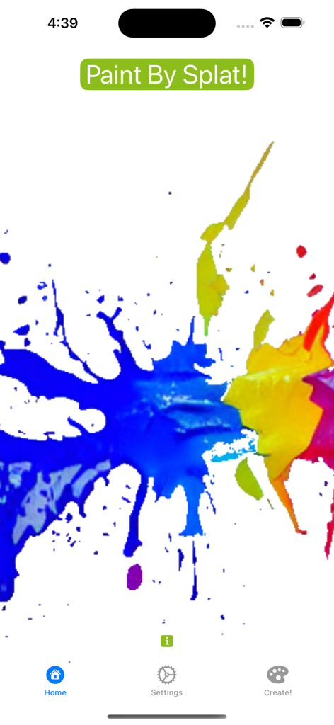 Paint By Splat! - The home screen of the Paint By Splat app featuring a large colorful abstract paint splash